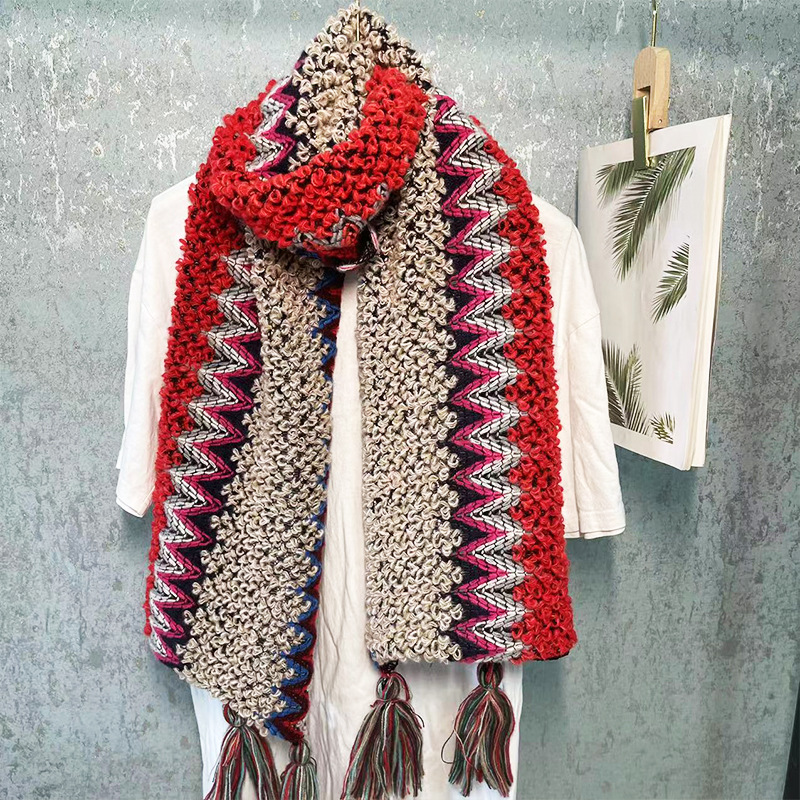 民族风围巾女针织秋冬保暖围脖毛线编织圈圈纱复古百搭仿羊绒披肩