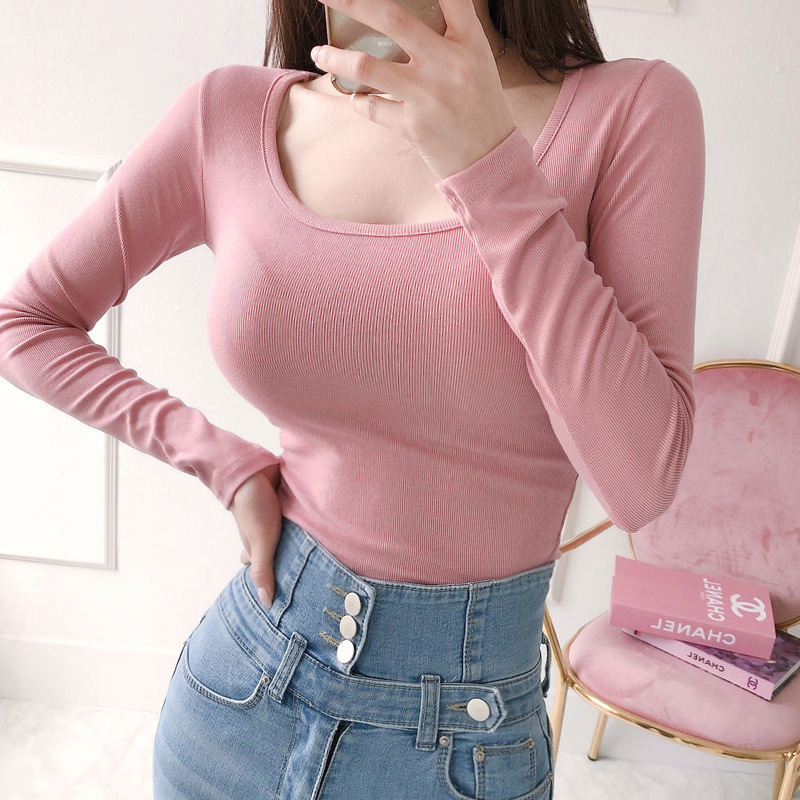 性感显胸方口领打底衫女秋冬简约百搭弹力长袖t恤修身上衣短款