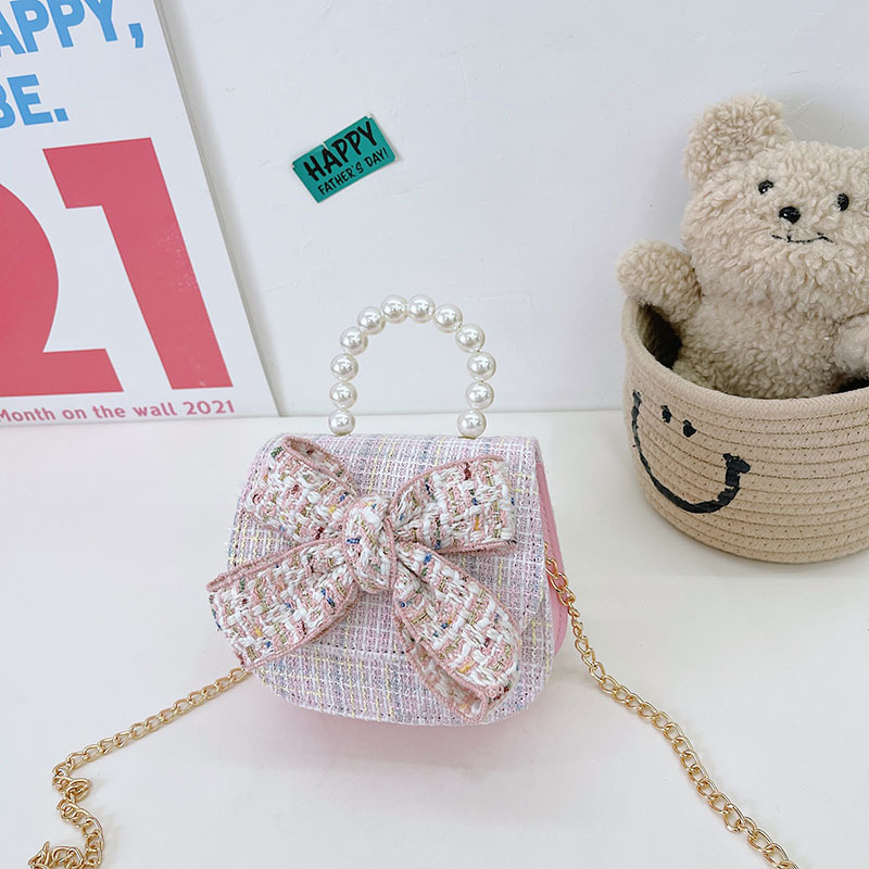 Wholesale in Stock Children's Bags New Classic Style Bow Pearl Hand Bag Western Style Girl Princess Chain Messenger Bag