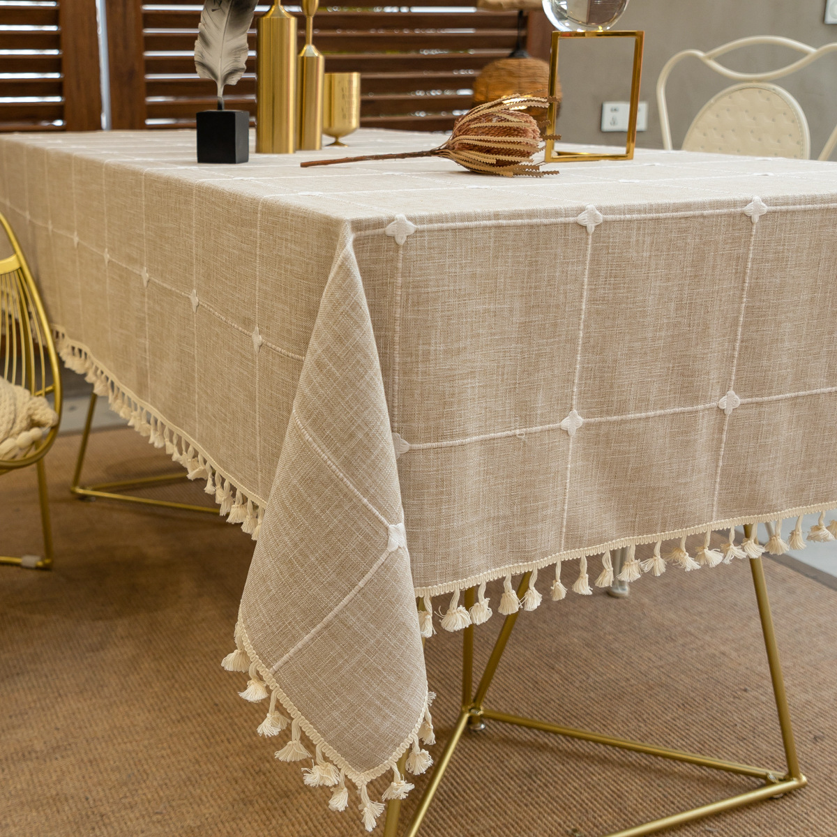 Nordic Ins Cotton Linen Solid Color Square Plaid Dustproof Tablecloth Rectangular Tassel Coffee Table Hotel Tablecloth Table Mat