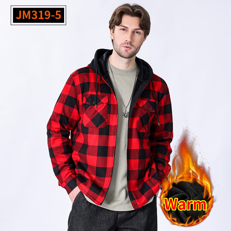 Hot Thermal Shirt Men's Fleece-Lined Thickened Flannel Plaid American Shirt Men's Clothing Lone Hoodies Shirts Single-Layer Fleece-Lined