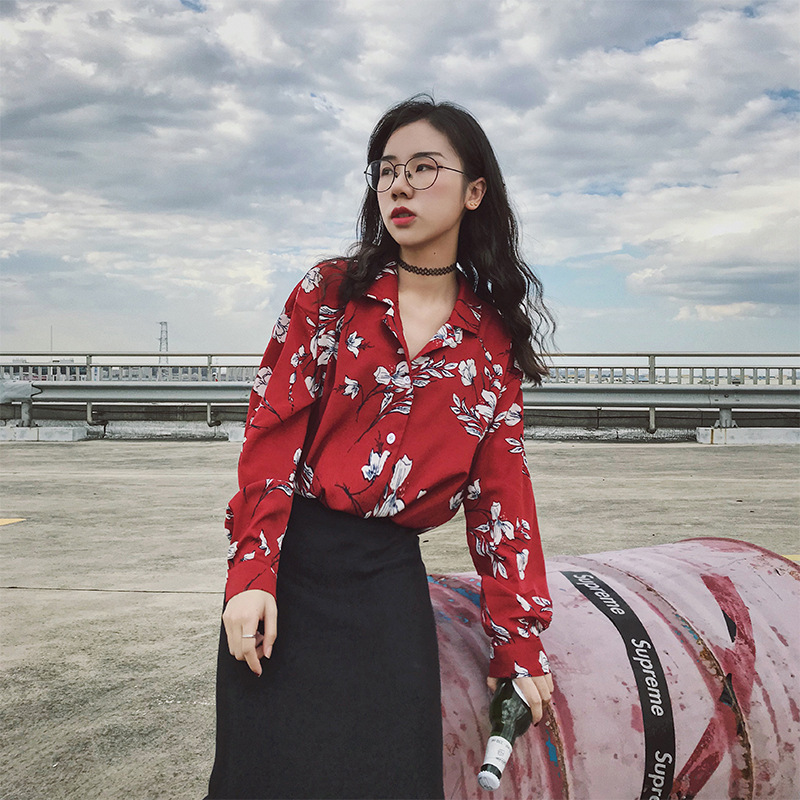 复古花衬衫女2021秋冬长袖年会表演跳舞80 90年代印花衬衣港风潮