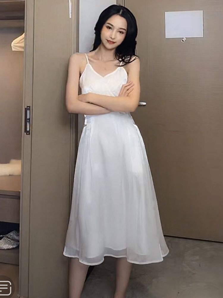 流光溢彩丝质暮云纱吊带裙领连衣裙名媛风