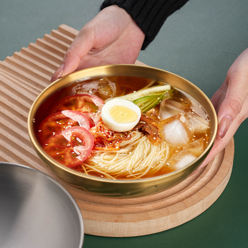 304 Stainless Steel Instant Noodle Bowl Ramen Bowl Creative Double-Layer Anti-Scald Korean Bibimbap Bowl Large Soup Bowl Screw Powder Bowl