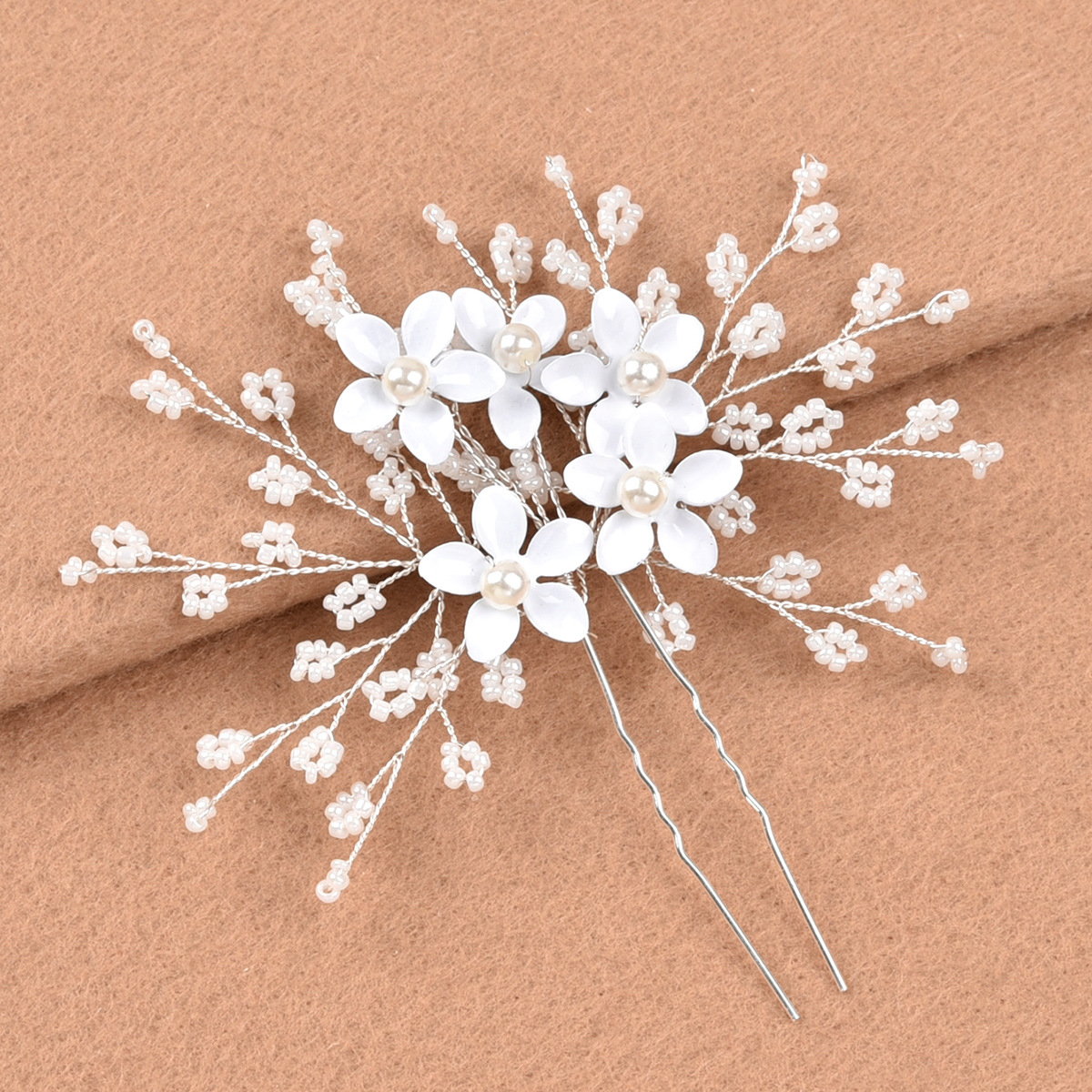 新娘婚礼发饰 白色花朵珍珠串花u形发簪插针头饰