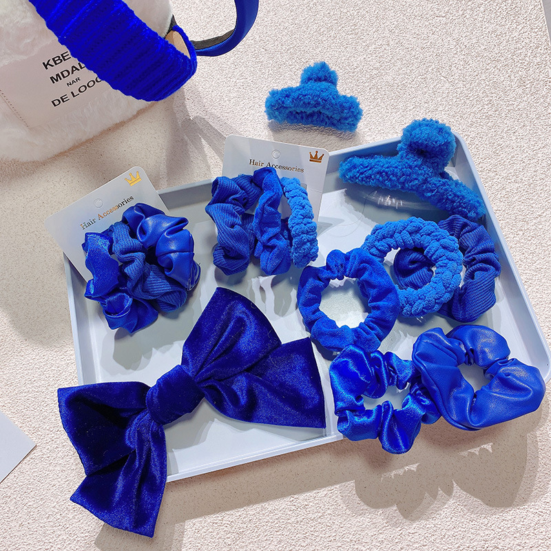 11420克莱因蓝色系ins少女布艺丝绒皮革大肠发圈发绳弹簧夹抓夹子