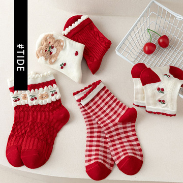 女童袜子春秋款棉袜儿童秋季可爱小熊花边袜女孩宝宝韩系中筒潮袜