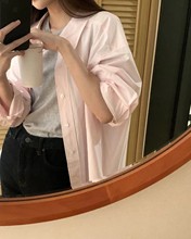 韩系气质显白浅粉色衬衫女纯棉设计感小众时尚减龄翻领衬衣外穿春