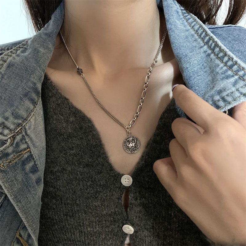 时尚头像圆牌复古项链女 925纯银气质嘻哈冷淡风毛衣链简约颈链潮
