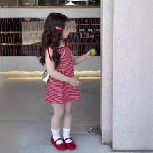 韩版童装2024新款女童连衣裙红色吊带连衣裙夏季棉女童A字格子