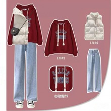 冬季新款套装女学生韩版宽松连帽卫衣+棉服马甲+牛仔裤时尚三件套
