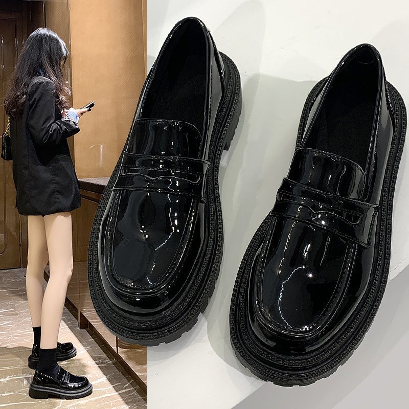 英伦小皮鞋女春黑色2022新款圆头乐福鞋厚底小众设计法式复古单鞋