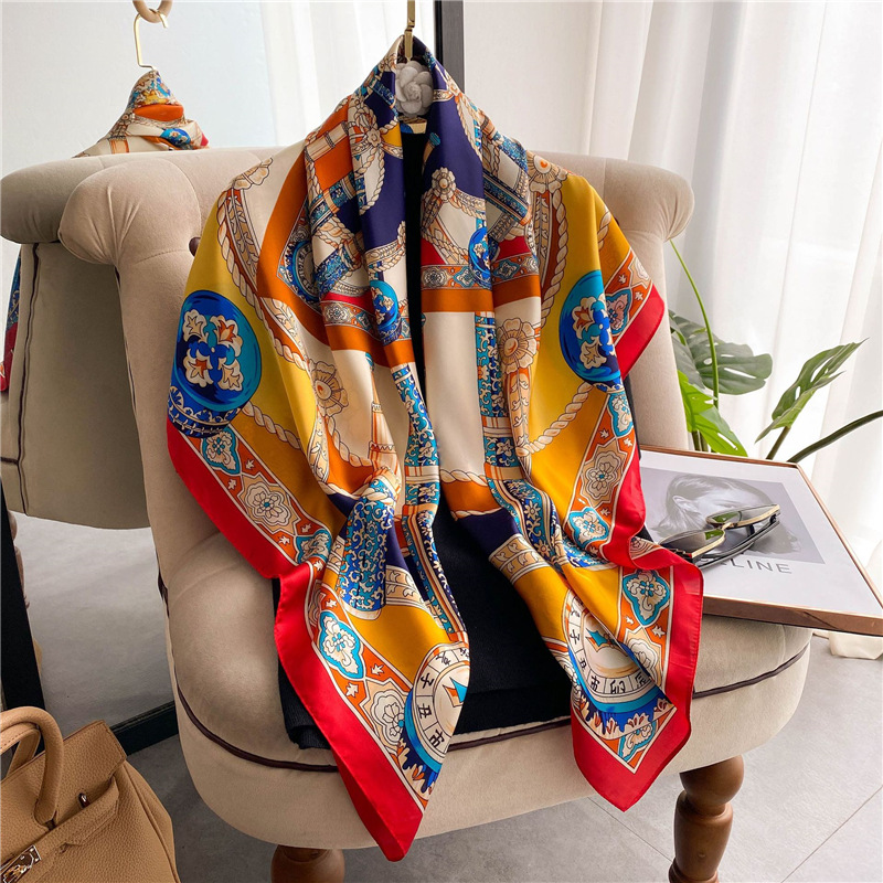 European and American New Satin Silk Scarf Artificial Silk Large Kerchief Summer Travel Sun Protection Shawl Lijiang Photography Coat for Women