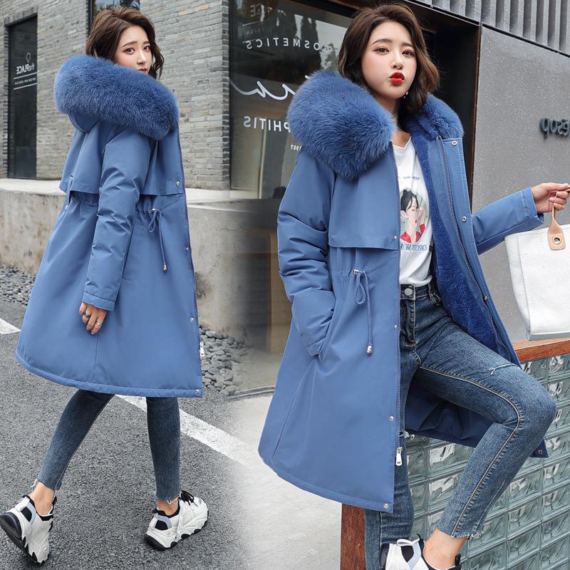 Winter New down Cotton Jacket Women's Mid-Length Korean Style Cinched plus Size Cotton Coat Jacket Thick Parka Cotton-Padded Coat Fleece-Lined