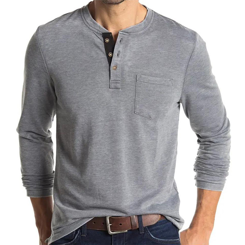 2023 New European and American Men's Long Sleeve round Neck T-shirt Amazon Men's Henry Bottoming Shirt Foreign Trade Top Wholesale