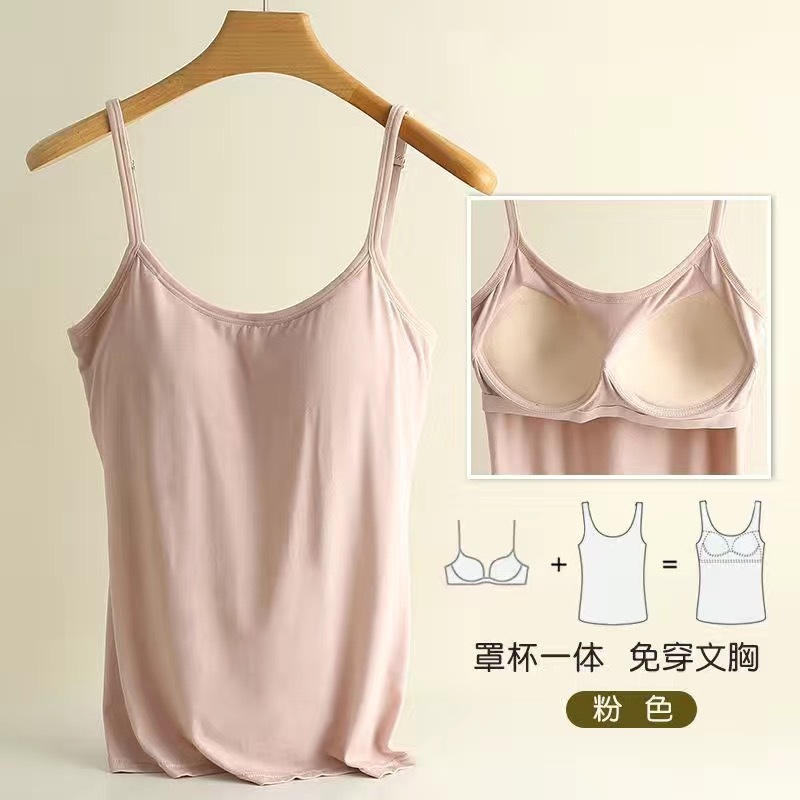 Summer Modal Wireless Spaghetti-Strap Vest Female Cup Integrated with Chest Pad Wear-Free Bra Underwear Basic Shirt Female