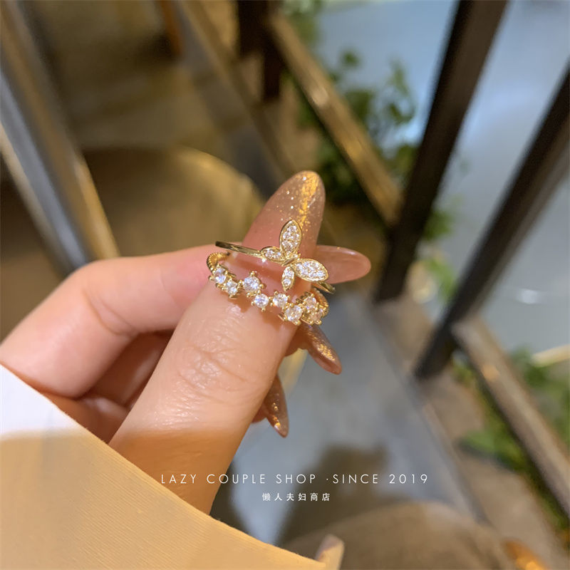 Micro-Inlaid Zircon Ring Ins Trendy Japanese and Korean Niche Online Red Light Luxury and Simplicity Cold Wind Open Index Finger Ring Little Finger Ring Female