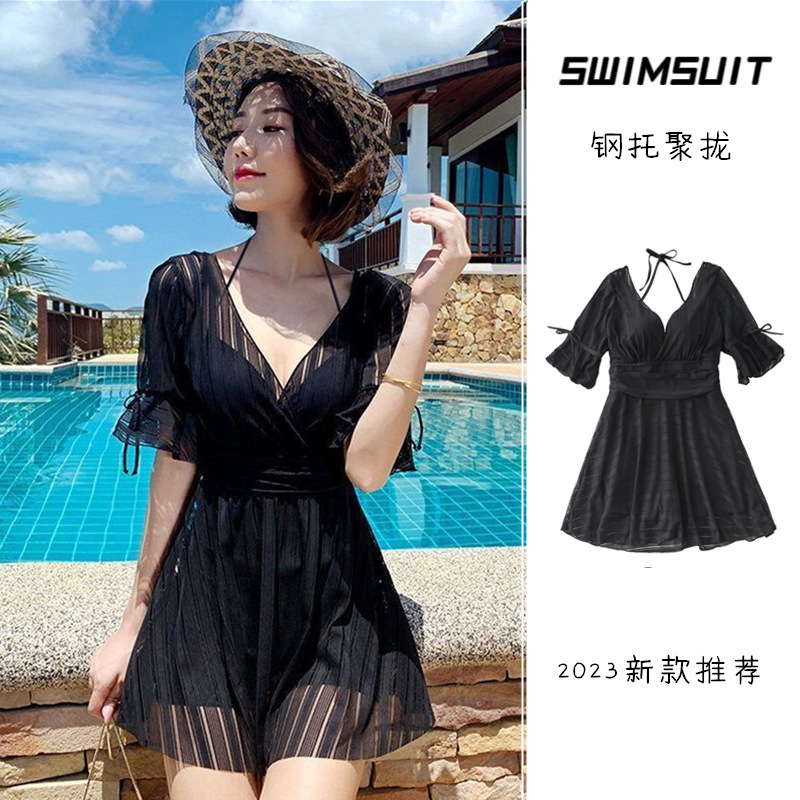 2023 new swimsuit women‘s korean-style one-piece steel bracket push up skirt cover belly slimming beauty back conservative hot spring swimwear