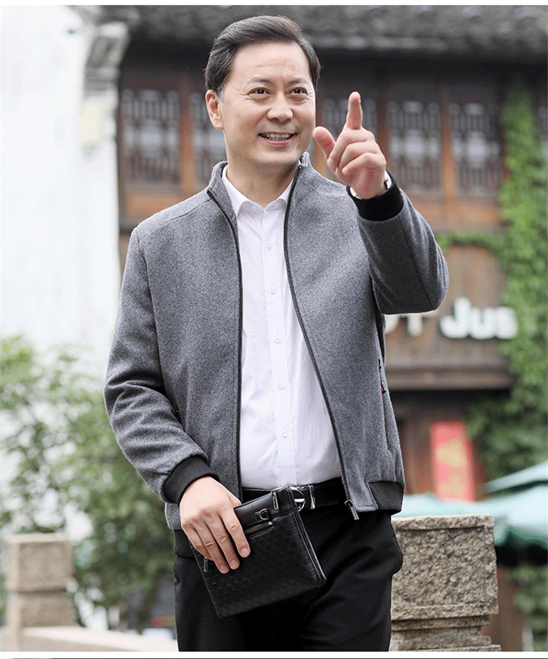 中年男士毛呢老爸夹克厚款爸爸外套秋装上衣50岁40中老年人秋冬款