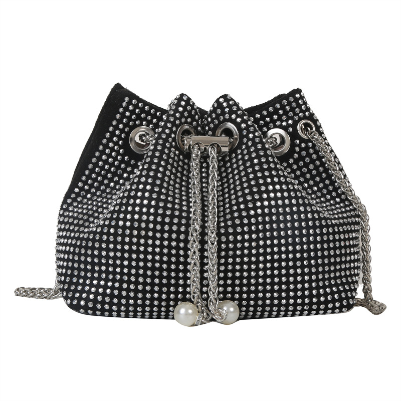 Summer Fashion Ins Shiny Diamond Pull-Belt Small Bucket Bag Female Bag2023 Popular Chain Shoulder Messenger Bag