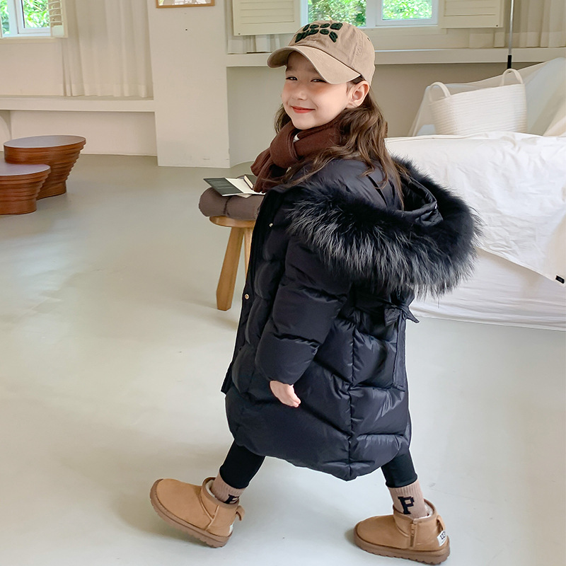 黑金羽绒服鹅绒童装工厂直销女童鹅绒服中长款毛领女宝冬装潮尤画