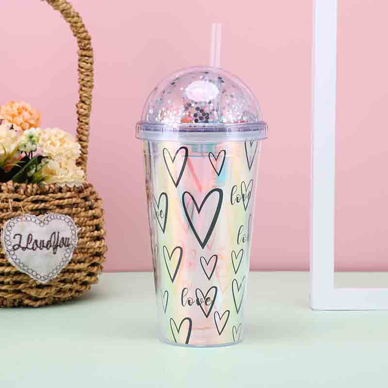 Summer Creative Cold Preservation Double-Layer Plastic Cup Portable Student Household Cold Drink Cup with Straw Cute Crushed Ice Cup