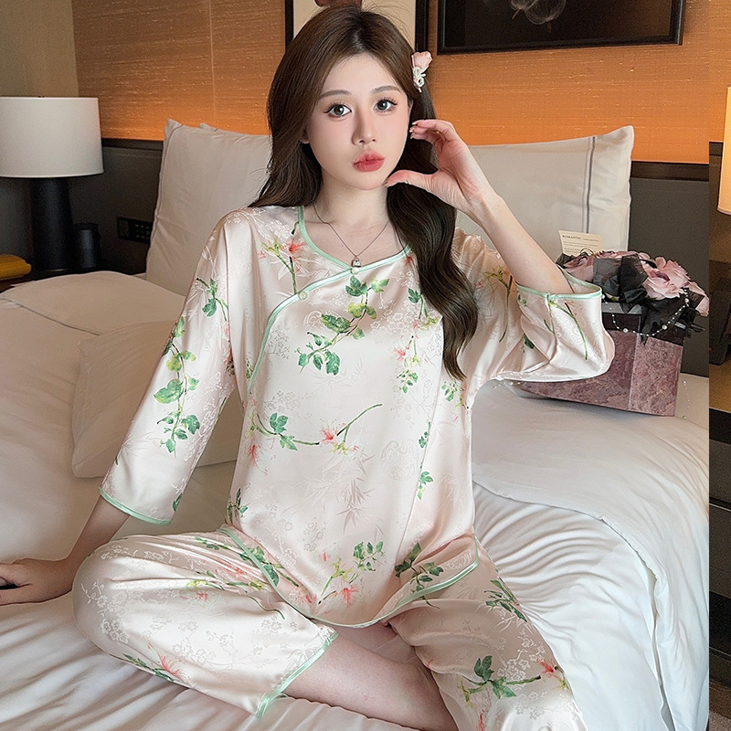 睡衣女春秋提花年新款性感长袖冰丝绸薄款可爱长裤家居服两件套装