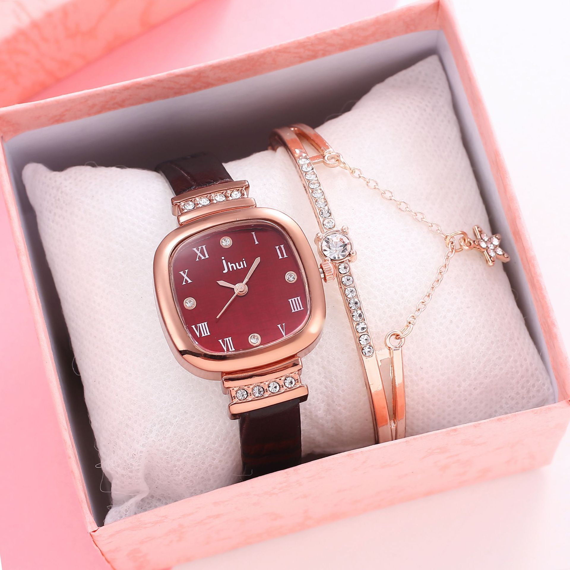 学生手表 女士时尚方形皮带腕表手表套装wrist watch jewelry set