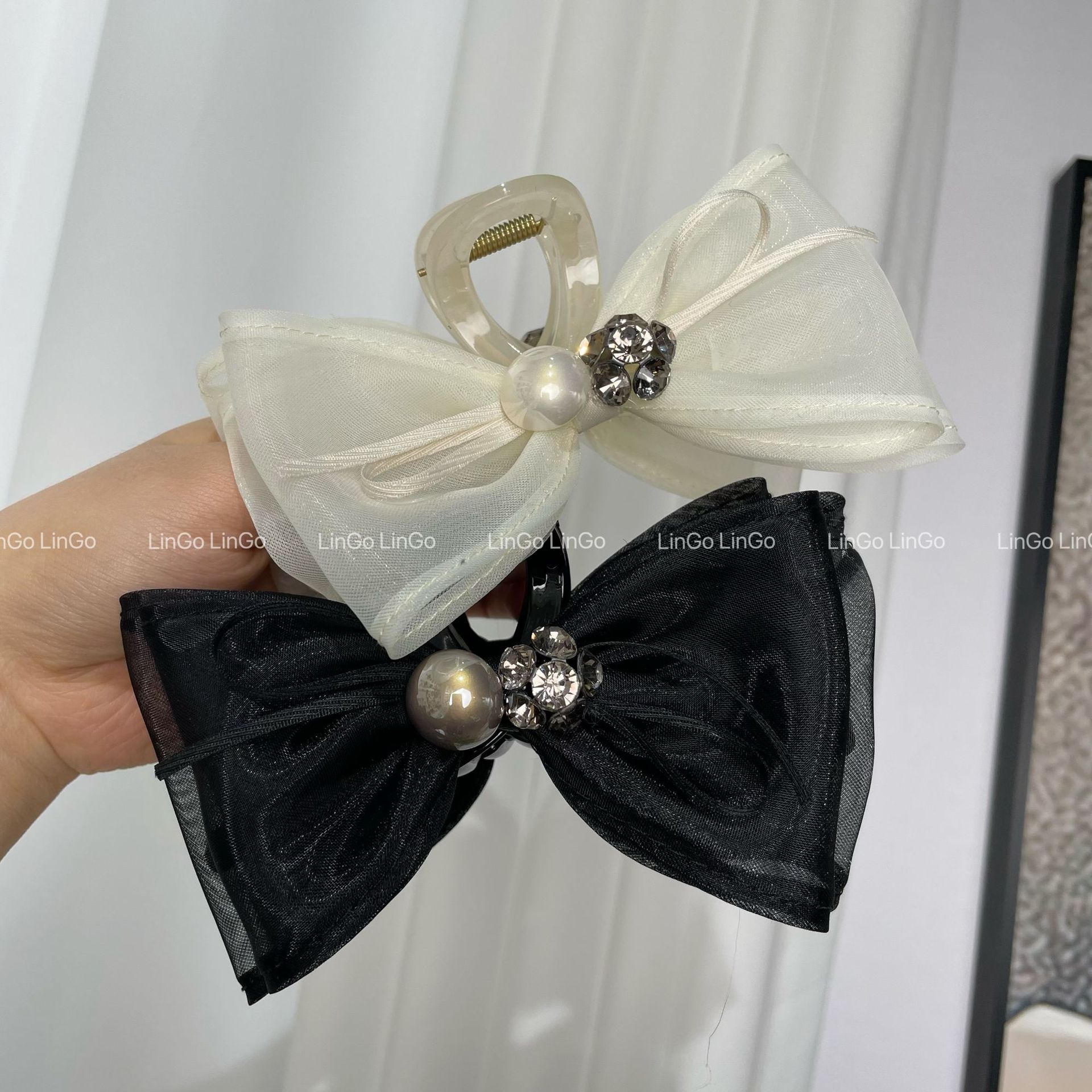 2024 Mesh Bow Pearl Rhinestone Hairpin Elegant Temperament Back Head Sweet Shark Grip Headdress