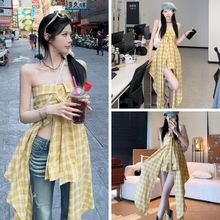 时尚套装女2024春秋新款法式不规则黄色格子抹胸裙设计感小众