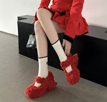 网红同款红色玛丽珍高跟鞋女2023年新款百搭一字带方头泰迪毛毛鞋
