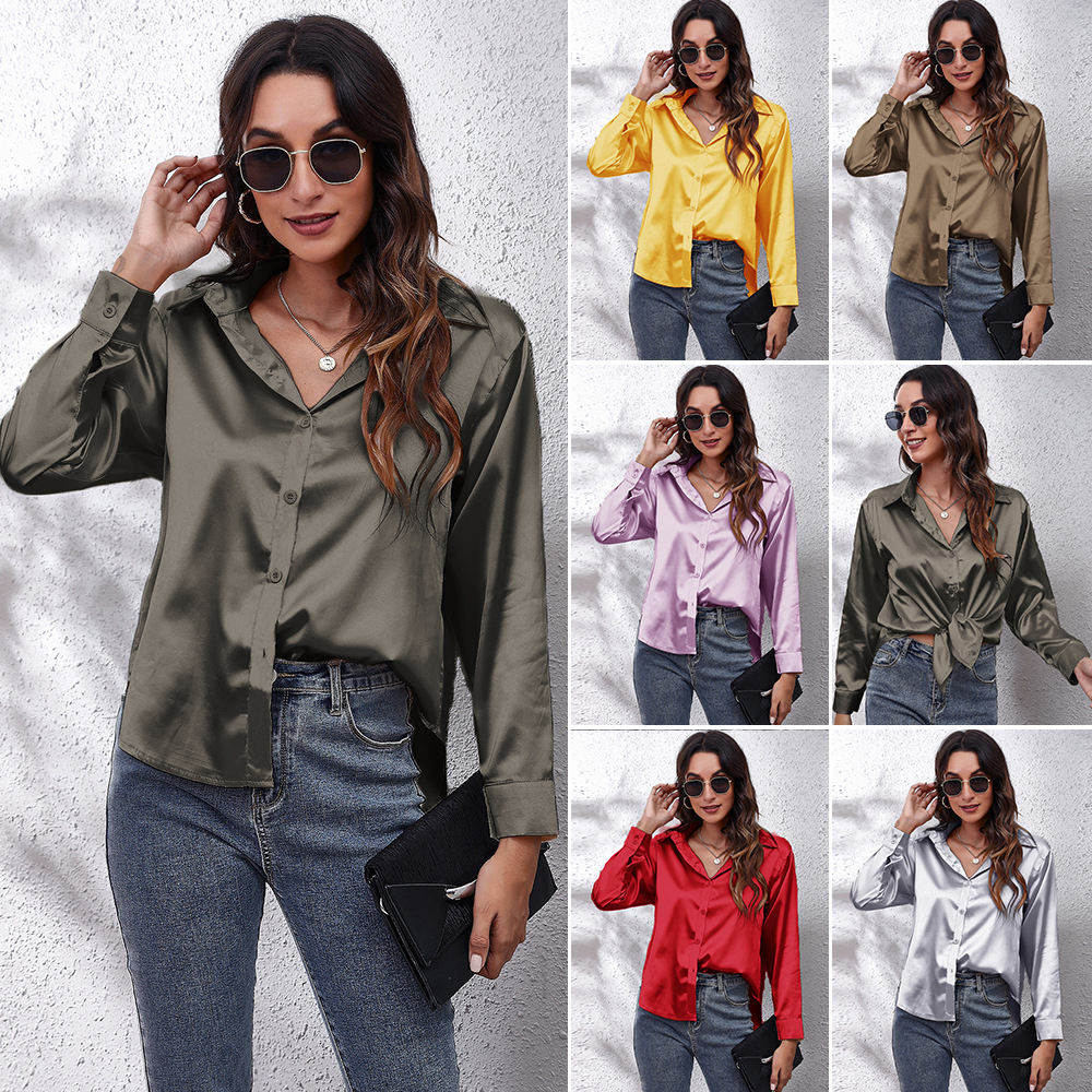 Popular Real Shot Satin Shirt Women's Satin Artificial Silk Long Sleeve Shirt New European and American Foreign Trade Cross-Border Women's Clothing Women Clothes