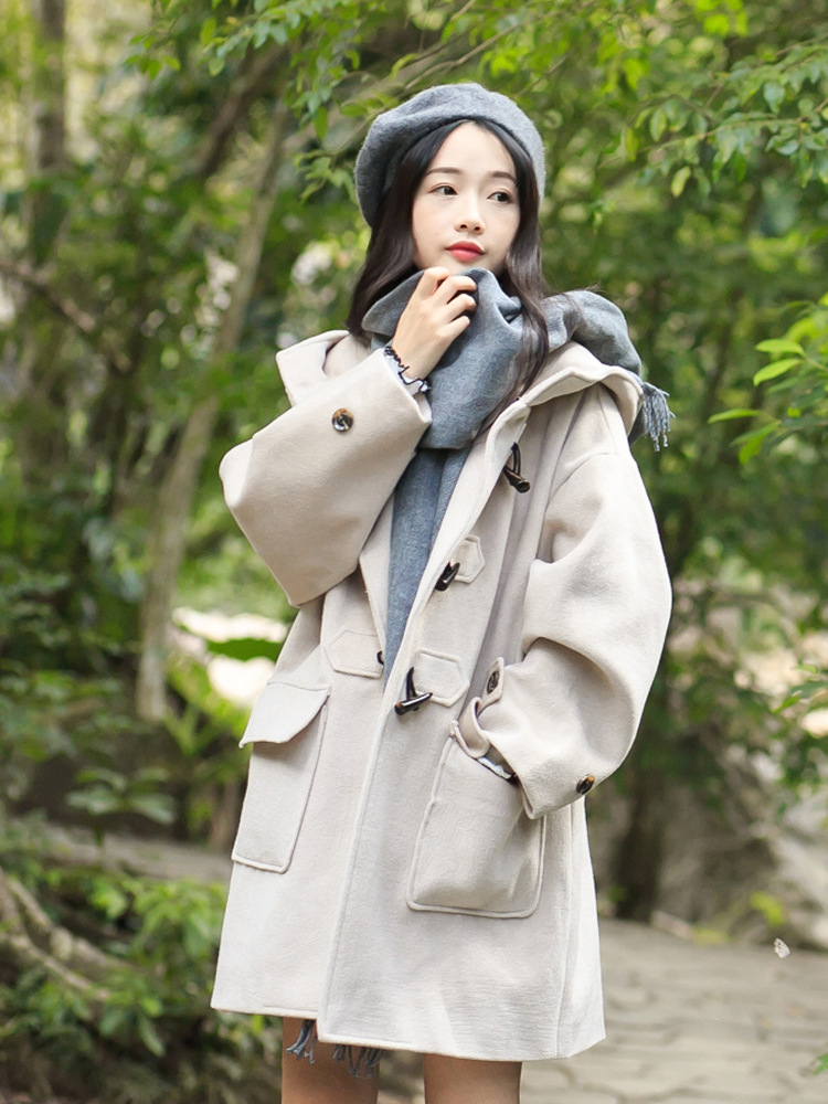 香港潮牌拉夏贝尔pote2020秋冬新款小个子牛角扣加厚大衣中长款毛