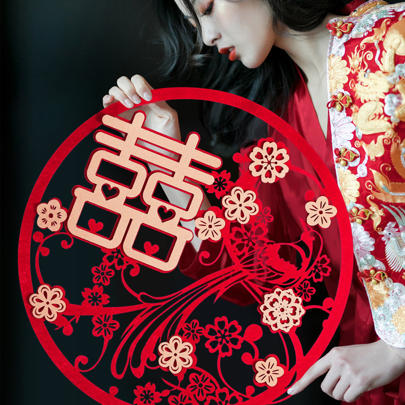 新款无纺布烫金立体囍字贴婚房装饰高档质感植绒布门囍结婚喜字