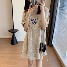 高级感！柜柜订单别致少女休闲look 蕾丝假两件拼接T连衣裙女夏