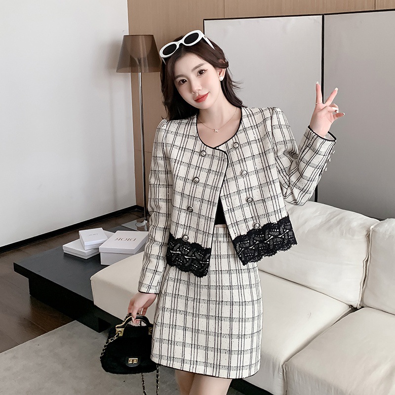 23秋冬季名媛气质两件套圆领双排扣长袖上衣外套 短裙小香风套装