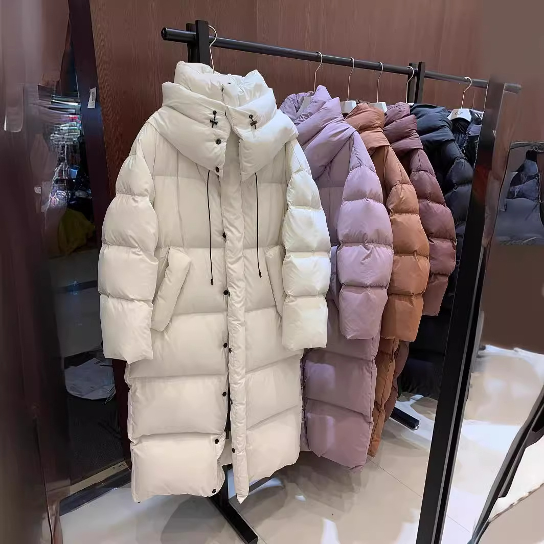复古长款过膝连帽羽绒服女2024冬季新款韩版宽松大被子白鸭绒外套