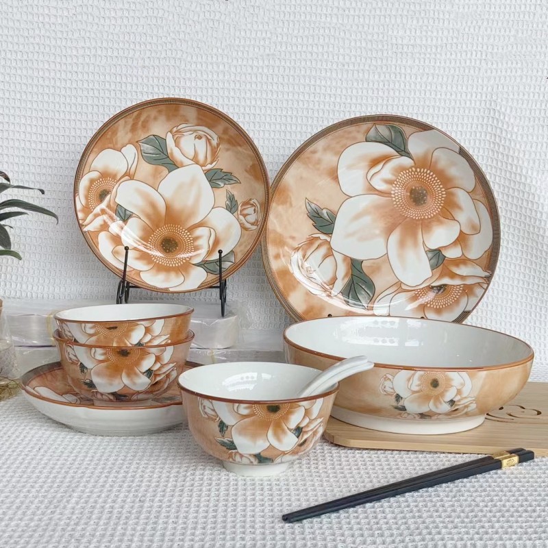 Japanese-Style Camellia Ceramic Bowl Plate Tableware Household Rice Bowl Large Soup Bowl Dish Internet-Famous and Vintage Bowl Plate Microwaveable