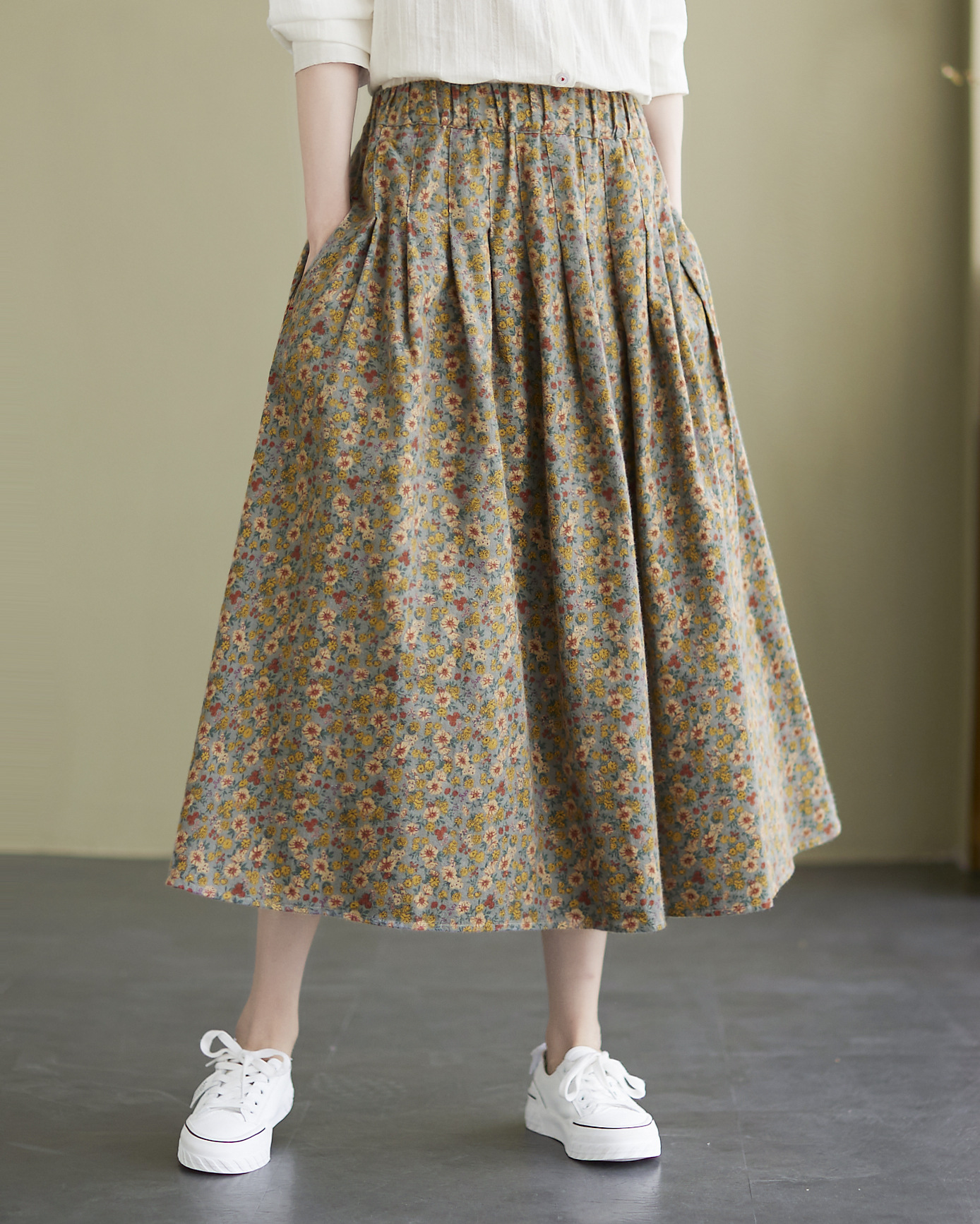 文艺范小碎花棉麻半身裙女2021年春秋装松紧腰显瘦大摆a字裙