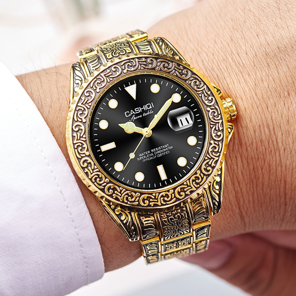 卡施奇西欧手表复古雕花手表夜光日历男士机械表厂家直销