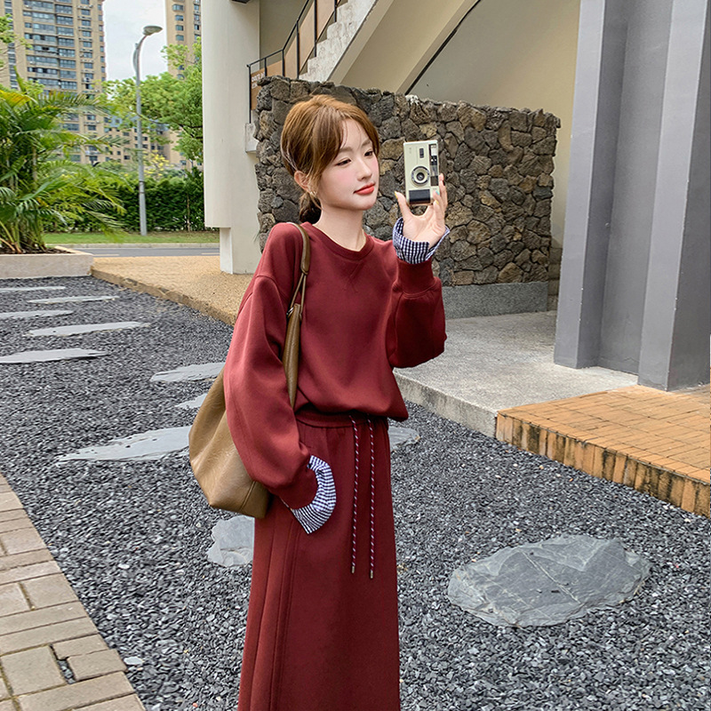 korean style ankela red hoodie suit skirt women‘s spring and autumn 2024 new fashionable western style leisure sports two-piece set