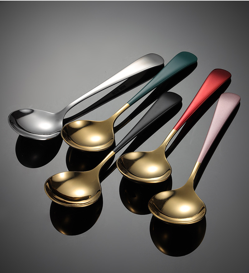 韩式304不锈钢餐具勺子 网红镀钛小圆勺 蛋糕甜品咖啡勺儿童汤勺