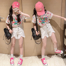 女童短袖套装 2024年夏季新款韩版儿童网红时髦洋气T恤牛仔短裤夏