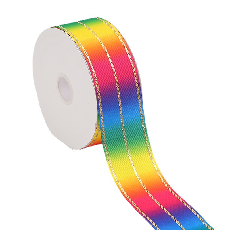 Korean Style 7.5cm Sequined Rainbow Ribbon Dacron Ribbon Printed Colorful Printed Ribbon Children's Clothing Wholesale