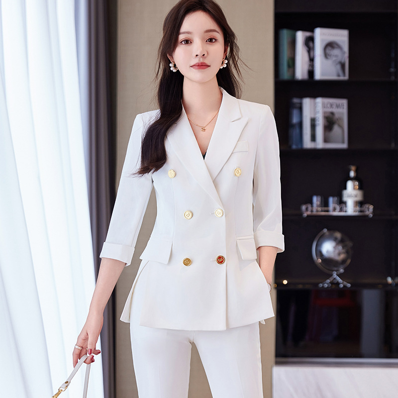 双排扣西装女士夏季薄款外套高级感面试时尚职业正装白色西服套装