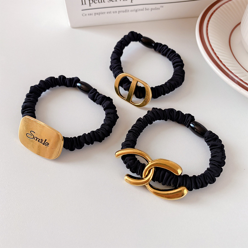 Korean Style Simple Hair Band New Letter Geometric Rubber Band High Elastic Small Fragrance Hair Rope Leather Cover All-Match Fashion Hair Accessories