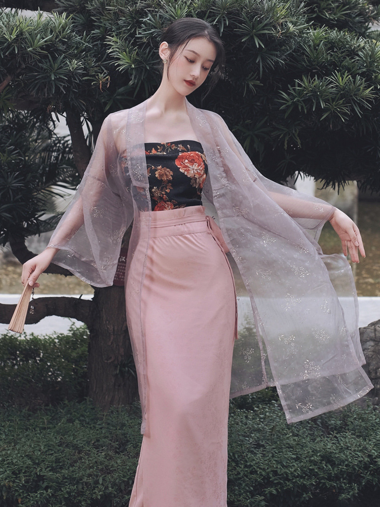 夏款改良国风汉服长旋裙开衫套装女日常抹胸半身裙汉元素三件套潮
