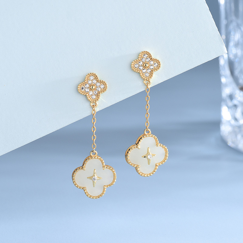 新品s925纯银镶和田玉耳钉欧美复古个性四叶草耳坠耳饰女一件代发