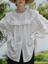 春秋新款法式宽松飞飞袖镂空拼接白色长袖衬衫女设计感上衣