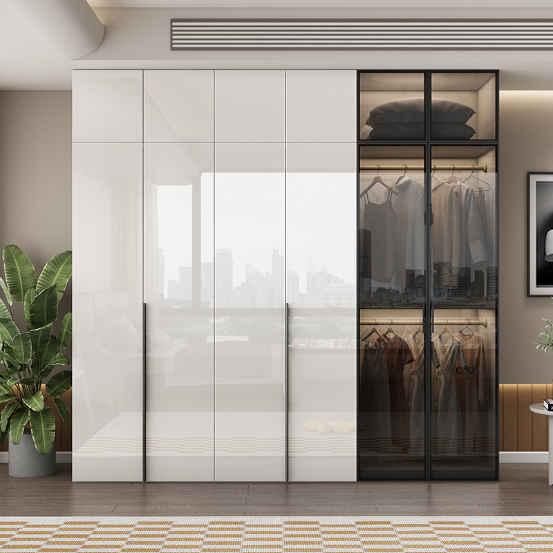 轻奢玻璃门衣柜家用现代简约uv亮光实木柜子四五六八门组合大衣橱
